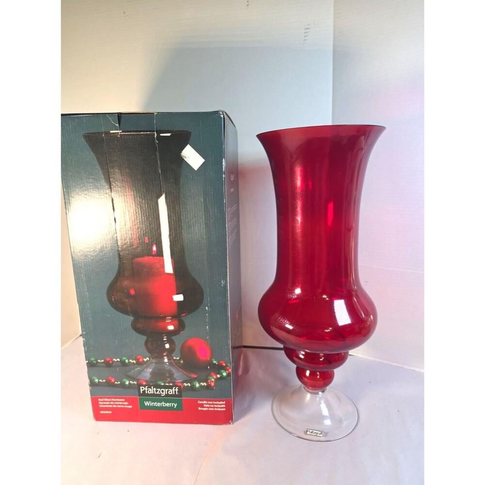 Rare Vtg Pfaltzgraff Winterberry Red Glass Hurricane Candle Holder Lg  18" X 7"